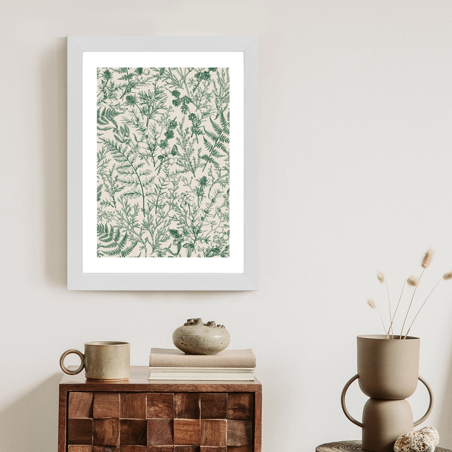 Poster Grüne Pflanzen Auf Beigem Hintergrund, Botanisches Muster
