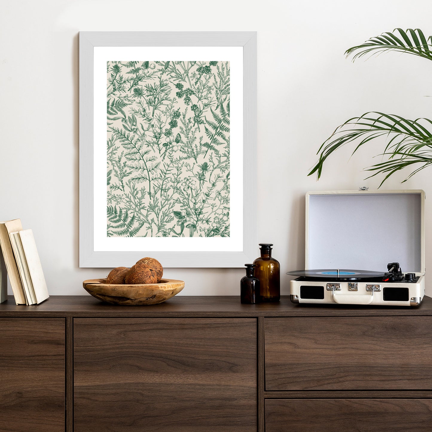 Poster Grüne Pflanzen Auf Beigem Hintergrund, Botanisches Muster