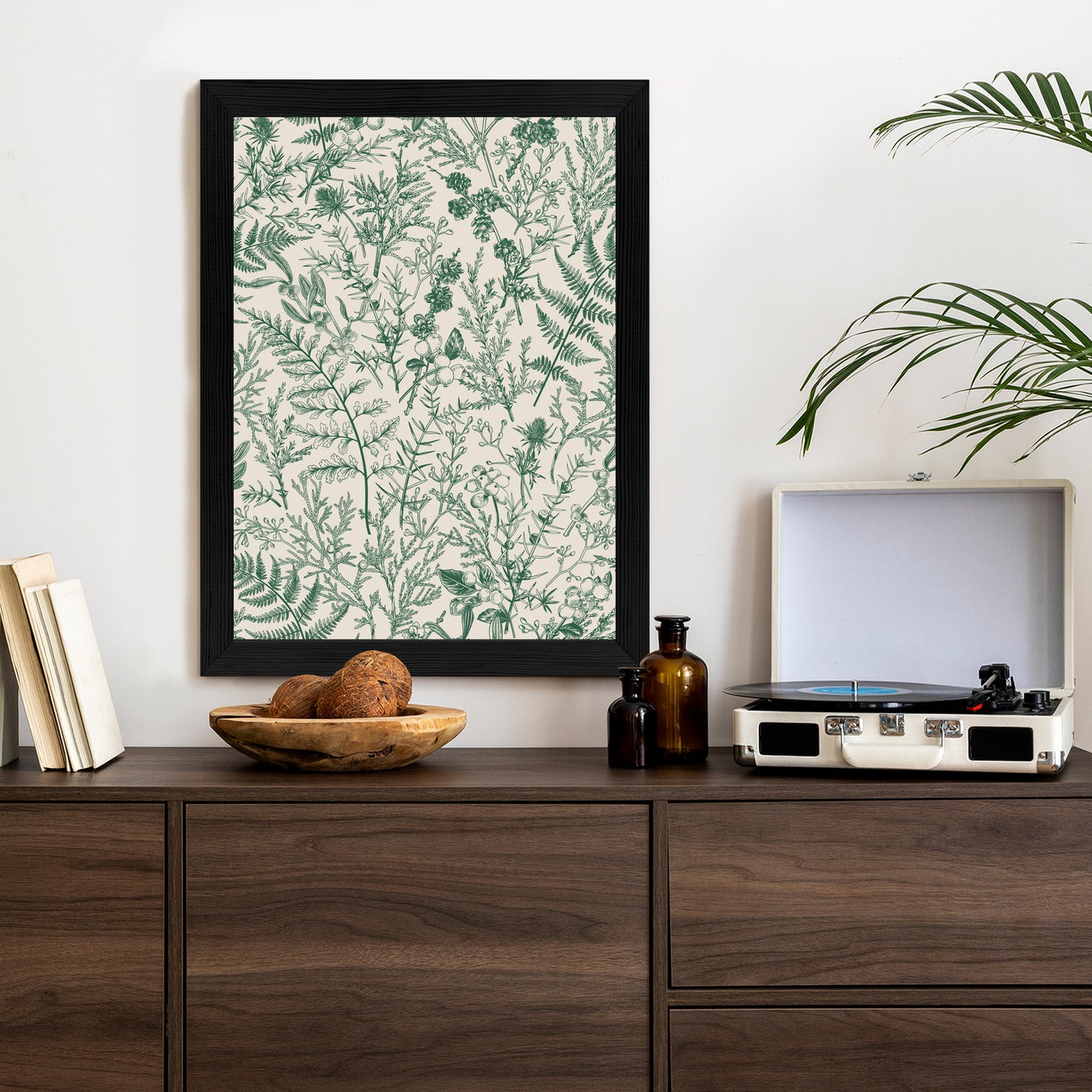 Poster Grüne Pflanzen Auf Beigem Hintergrund, Botanisches Muster