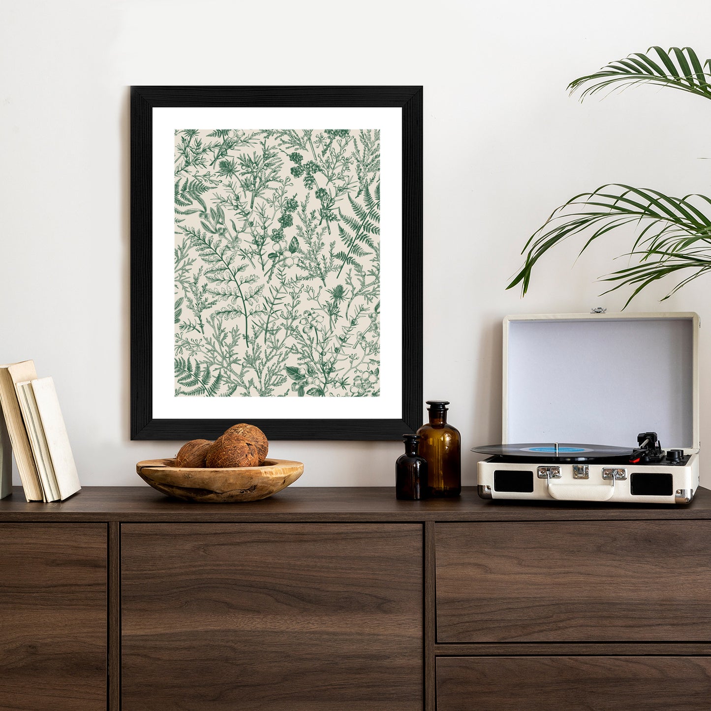 Poster Grüne Pflanzen Auf Beigem Hintergrund, Botanisches Muster