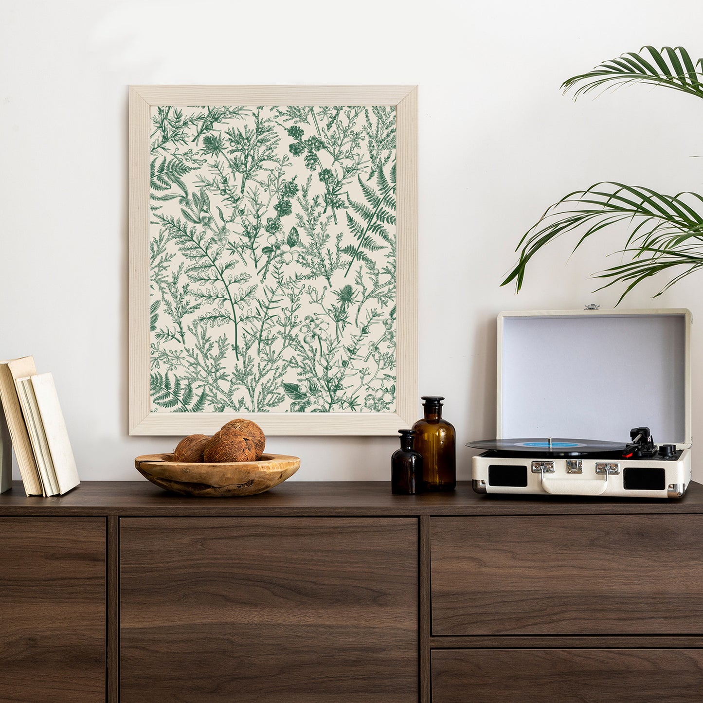 Poster Grüne Pflanzen Auf Beigem Hintergrund, Botanisches Muster