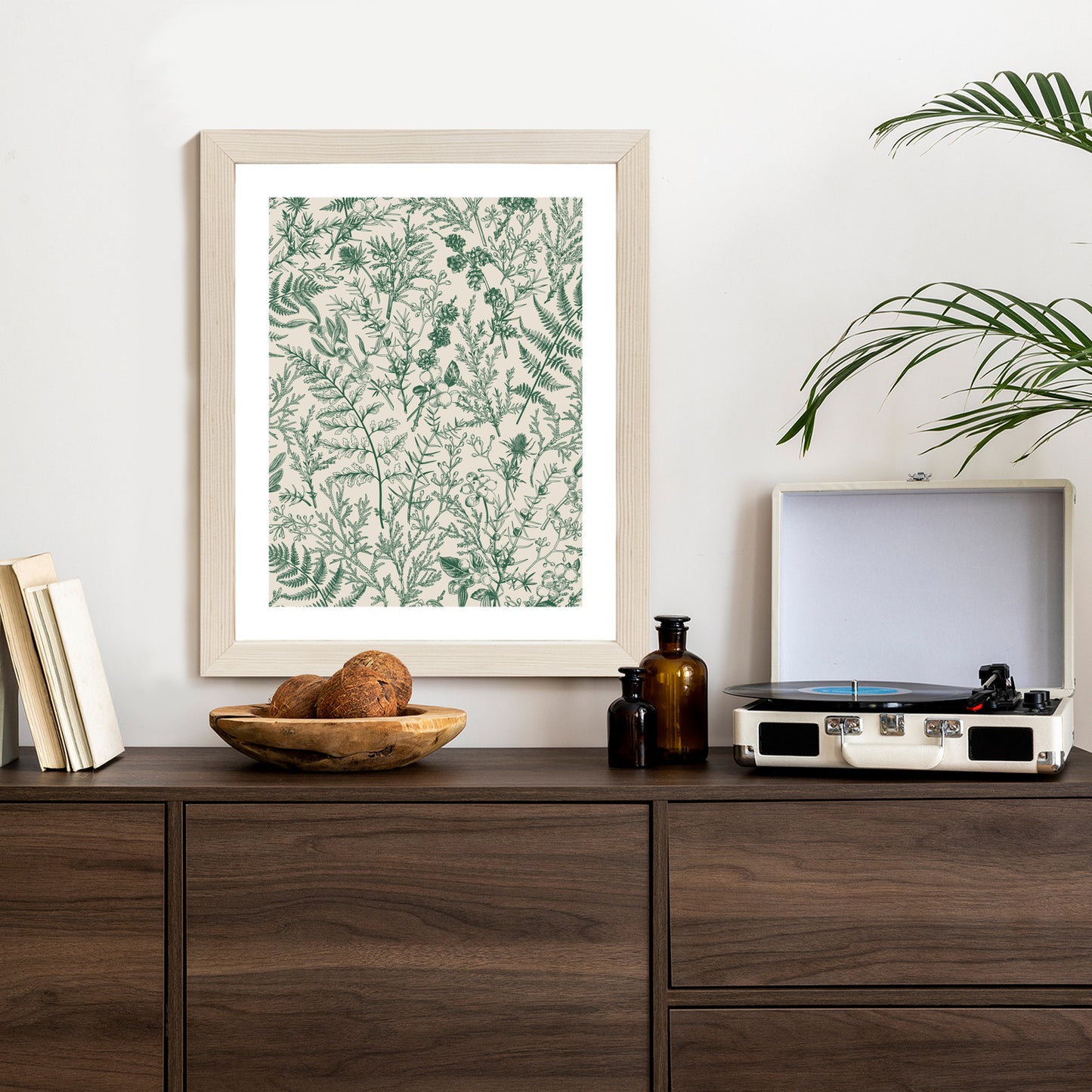 Poster Grüne Pflanzen Auf Beigem Hintergrund, Botanisches Muster