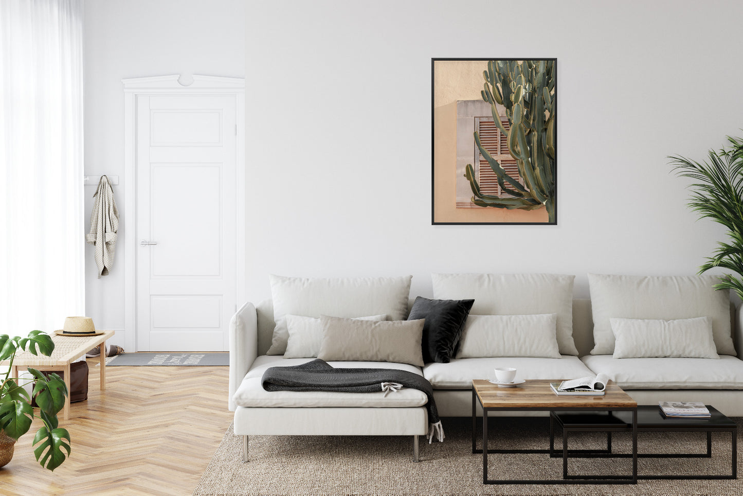 Poster Exotischer Kaktus Auf Orangefarbenem Hintergrund Rahmen Holz Mit Passepartout Farbe Natürlich