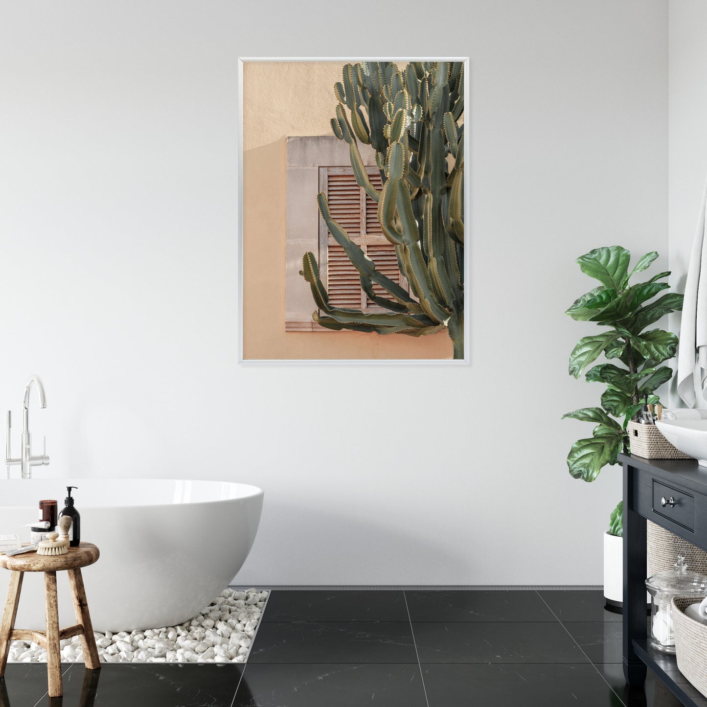 Poster Exotischer Kaktus Auf Orangefarbenem Hintergrund Rahmen Holz Mit Passepartout Farbe Natürlich