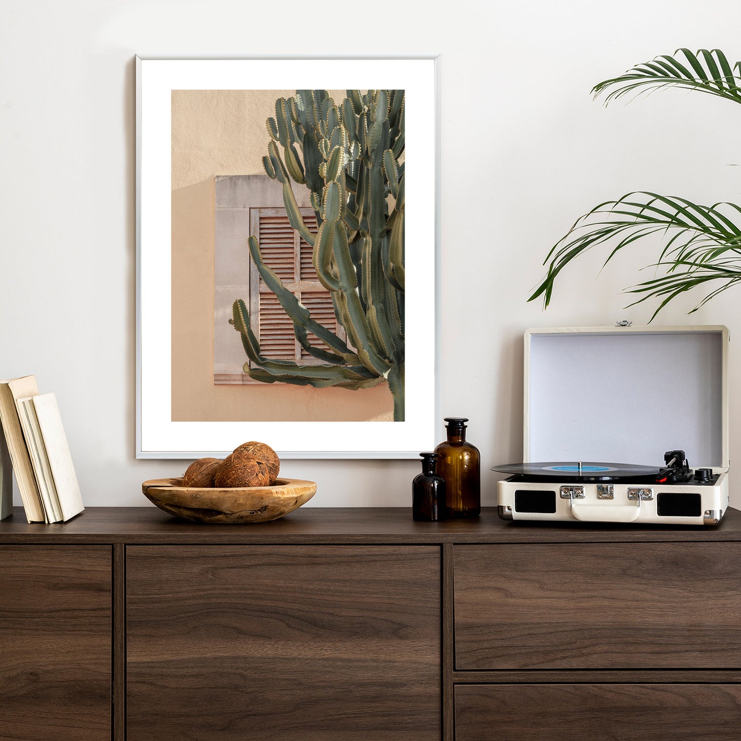Poster Exotischer Kaktus Auf Orangefarbenem Hintergrund Rahmen Holz Mit Passepartout Farbe Natürlich
