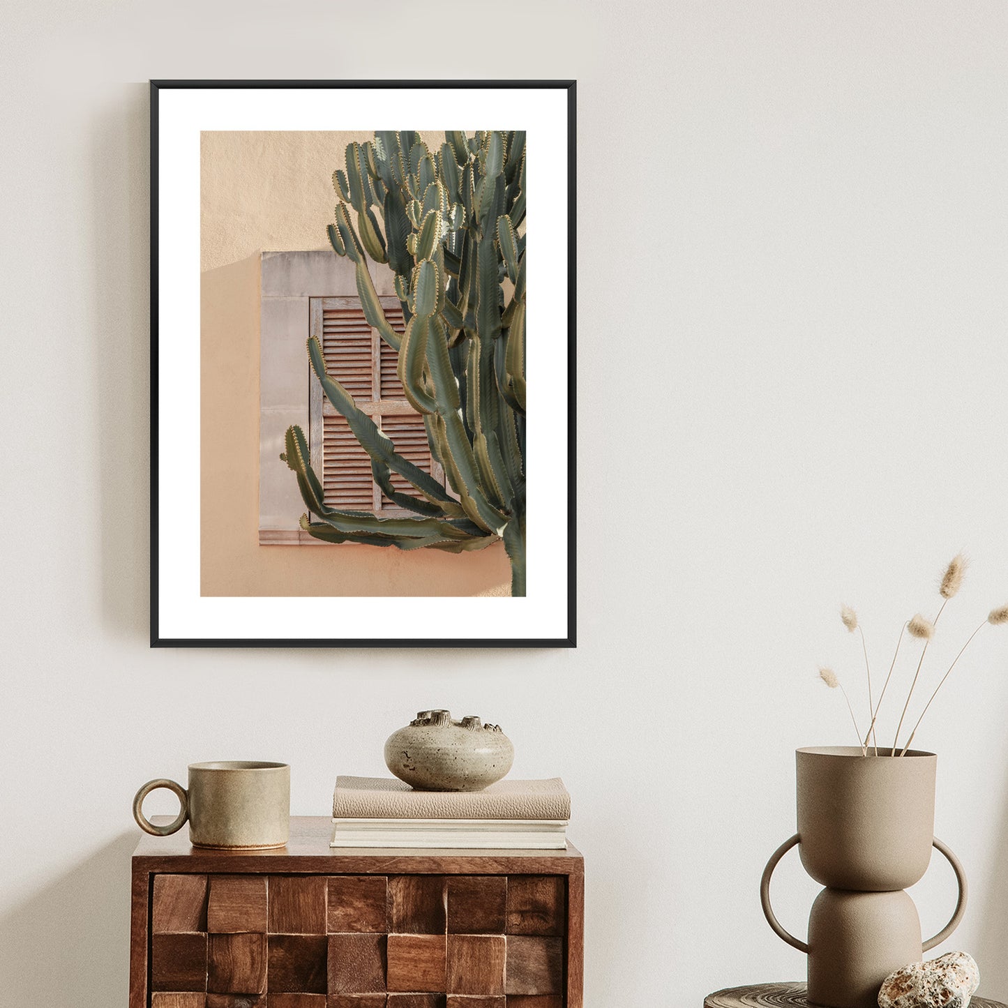 Poster Exotischer Kaktus Auf Orangefarbenem Hintergrund Rahmen Holz Mit Passepartout Farbe Natürlich
