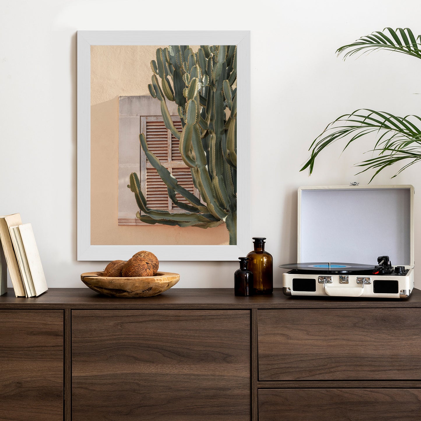 Poster Exotischer Kaktus Auf Orangefarbenem Hintergrund Rahmen Holz Mit Passepartout Farbe Natürlich