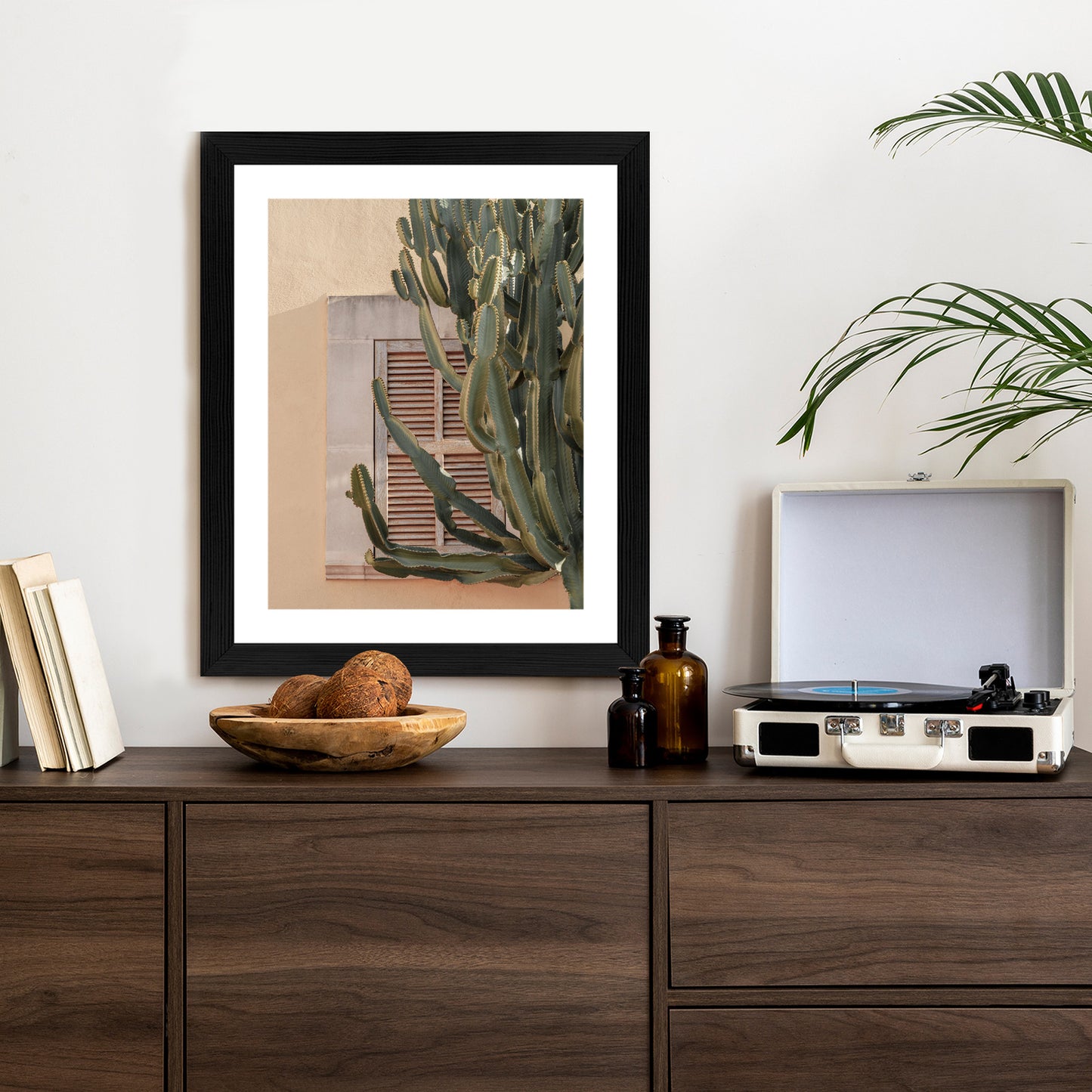 Poster Exotischer Kaktus Auf Orangefarbenem Hintergrund Rahmen Holz Mit Passepartout Farbe Natürlich