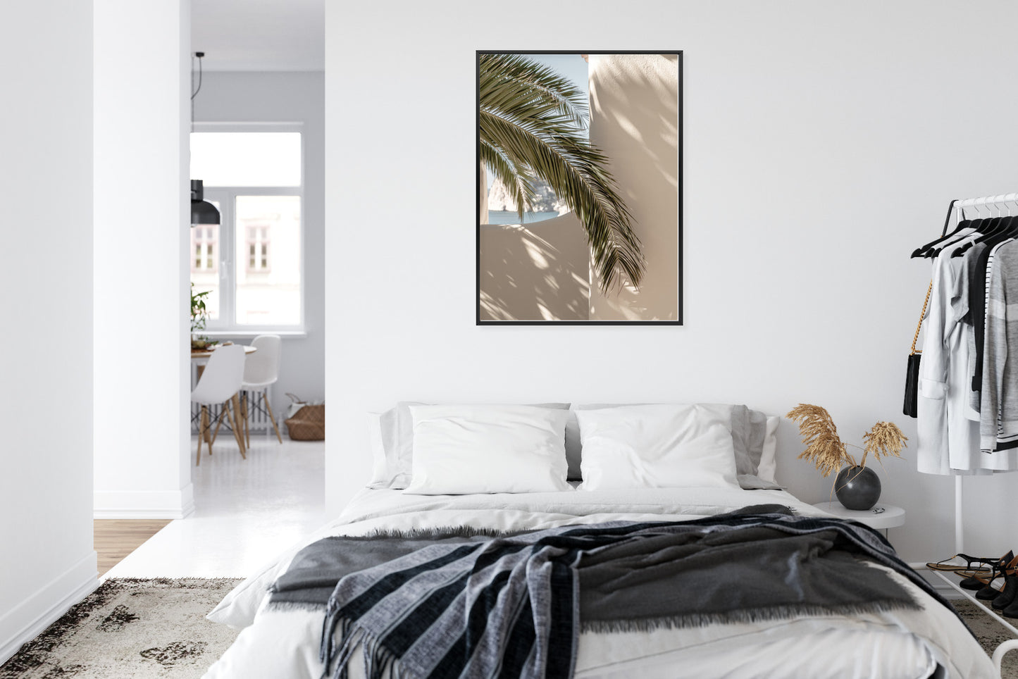 Poster Palmblätter Mit Schatten Auf Einer Beigen Wand Rahmen Holz Mit Passepartout Farbe Natürlich