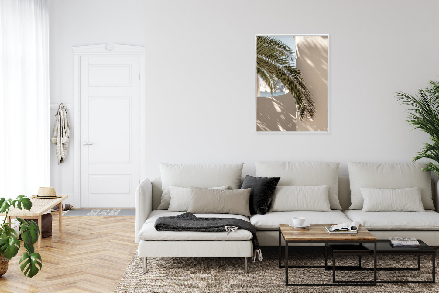 Poster Palmblätter Mit Schatten Auf Einer Beigen Wand Rahmen Holz Mit Passepartout Farbe Natürlich