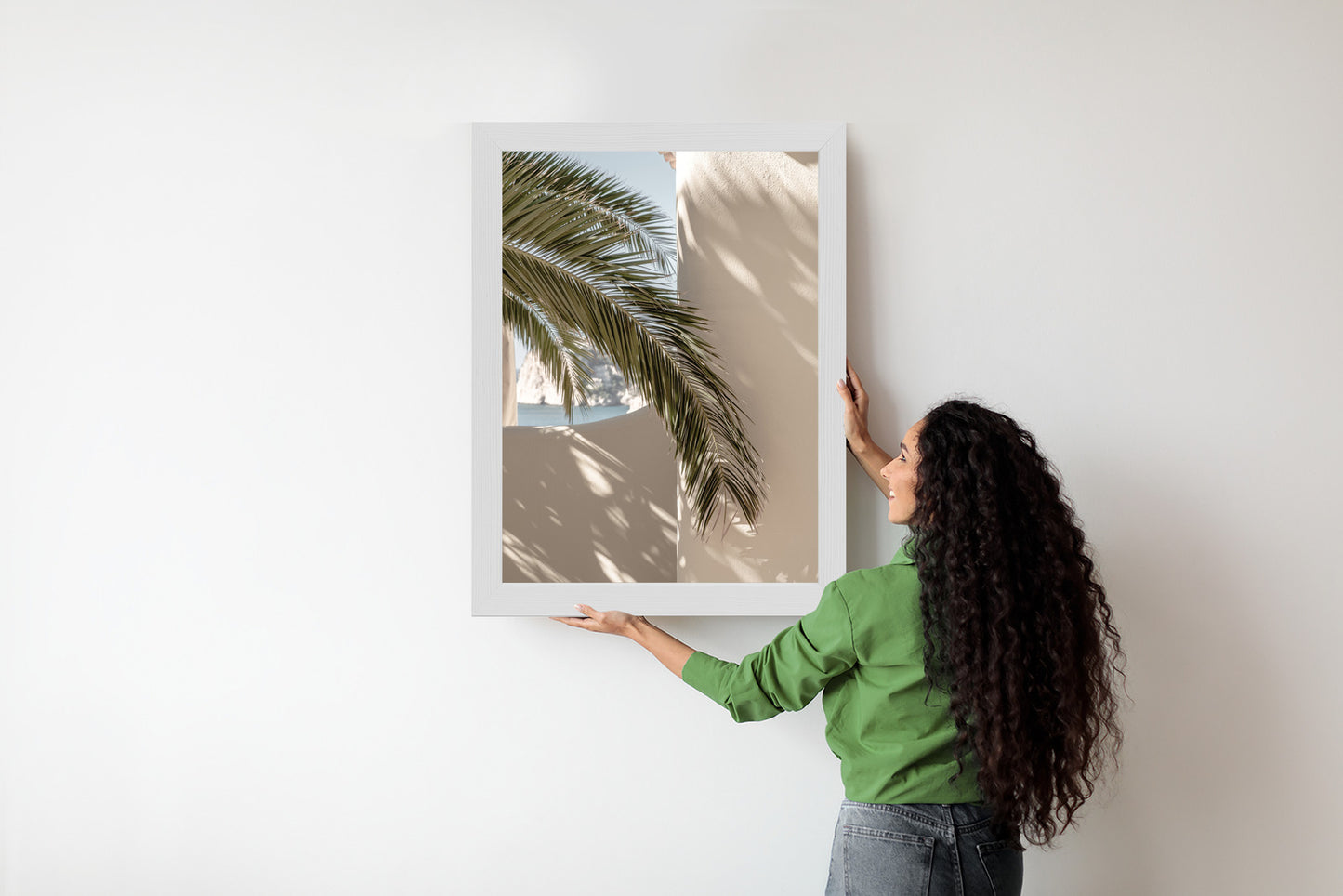 Poster Palmblätter Mit Schatten Auf Einer Beigen Wand Rahmen Holz Mit Passepartout Farbe Natürlich