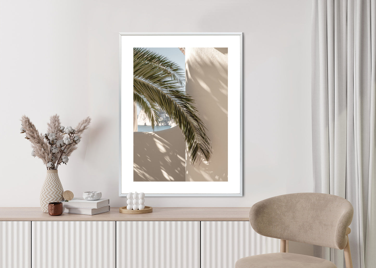 Poster Palmblätter Mit Schatten Auf Einer Beigen Wand Rahmen Holz Mit Passepartout Farbe Natürlich