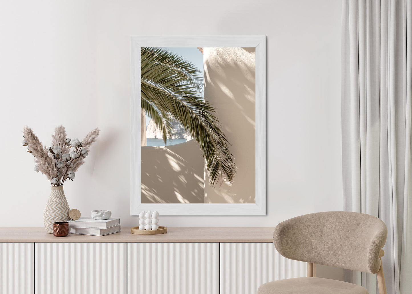 Poster Palmblätter Mit Schatten Auf Einer Beigen Wand Rahmen Holz Mit Passepartout Farbe Natürlich