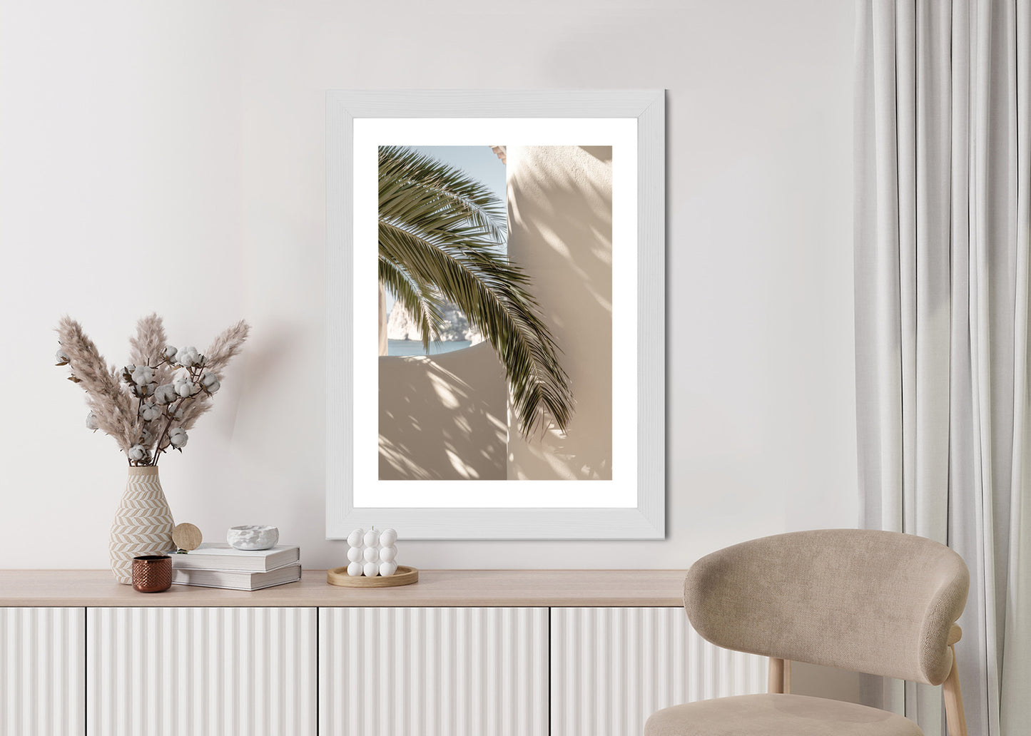 Poster Palmblätter Mit Schatten Auf Einer Beigen Wand Rahmen Holz Mit Passepartout Farbe Natürlich