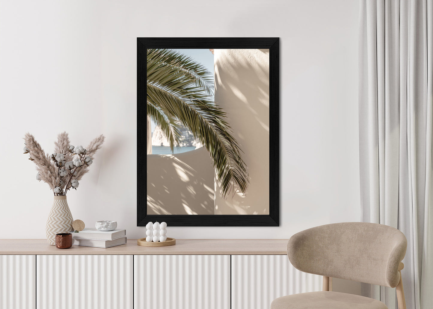 Poster Palmblätter Mit Schatten Auf Einer Beigen Wand Rahmen Holz Mit Passepartout Farbe Natürlich
