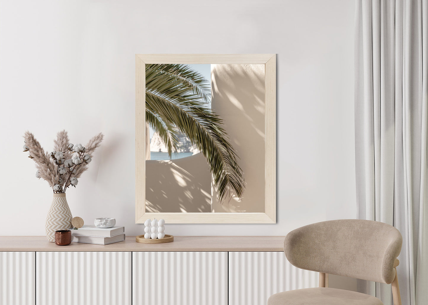 Poster Palmblätter Mit Schatten Auf Einer Beigen Wand Rahmen Holz Mit Passepartout Farbe Natürlich