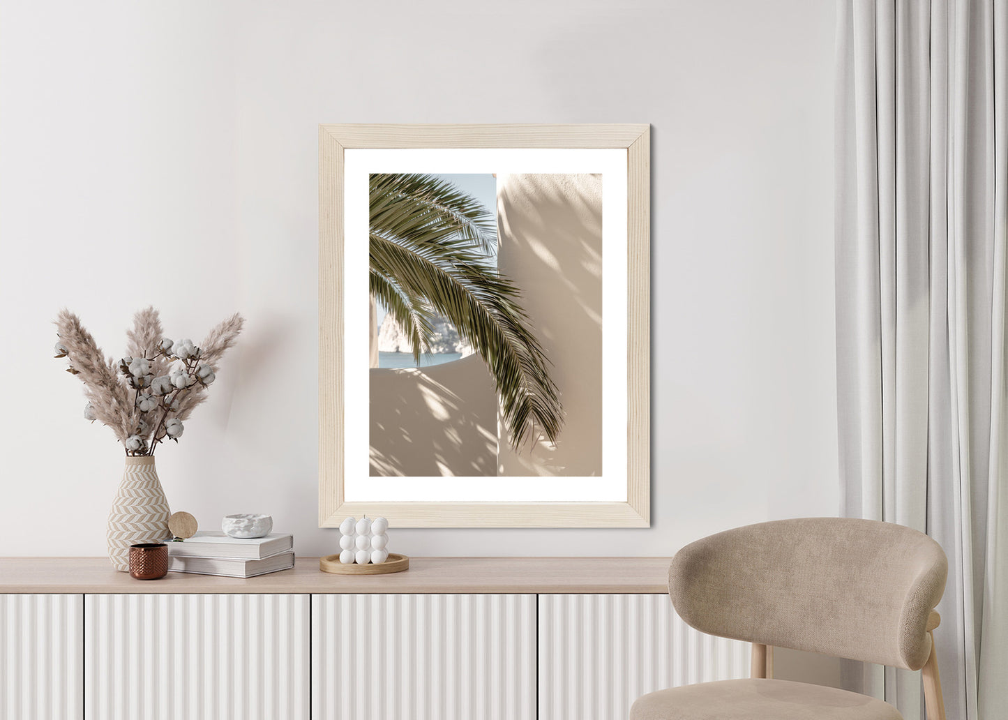Poster Palmblätter Mit Schatten Auf Einer Beigen Wand Rahmen Holz Mit Passepartout Farbe Natürlich