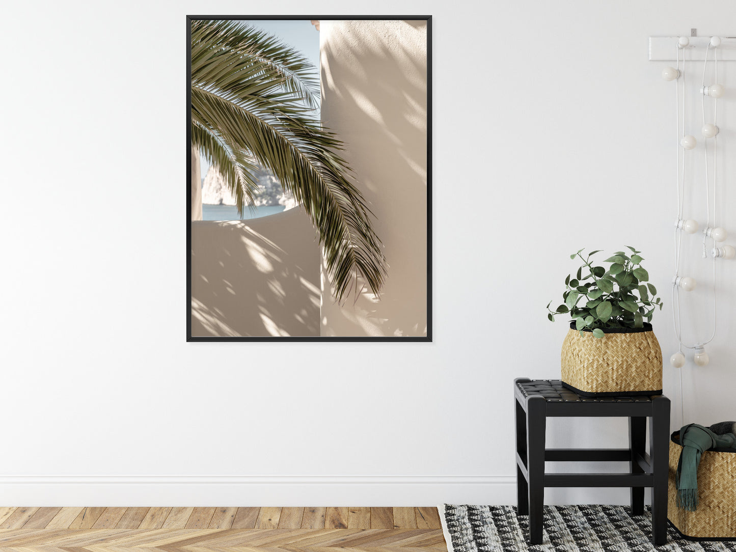 Poster Palmblätter Mit Schatten Auf Einer Beigen Wand Rahmen Holz Mit Passepartout Farbe Natürlich