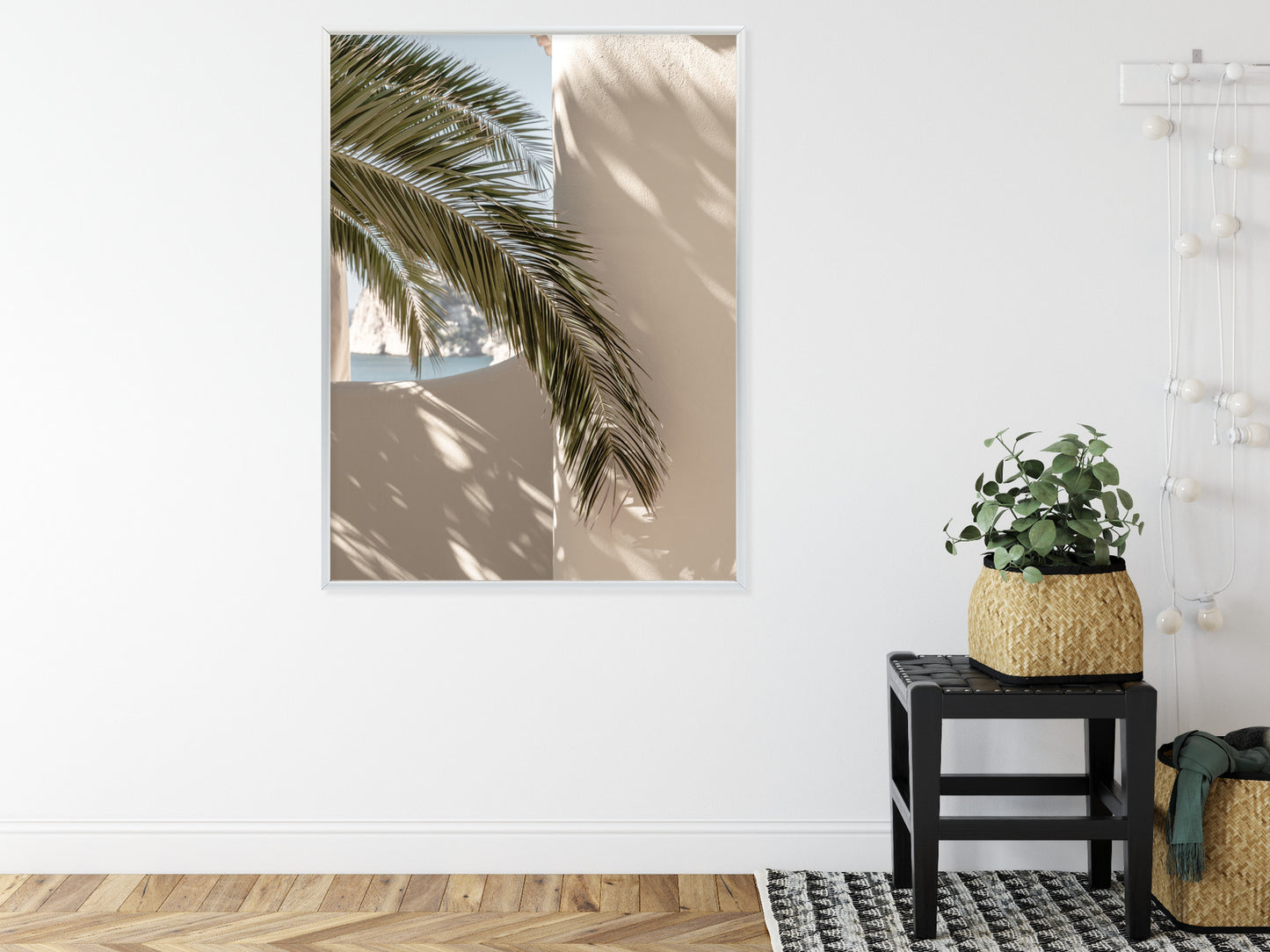Poster Palmblätter Mit Schatten Auf Einer Beigen Wand Rahmen Holz Mit Passepartout Farbe Natürlich