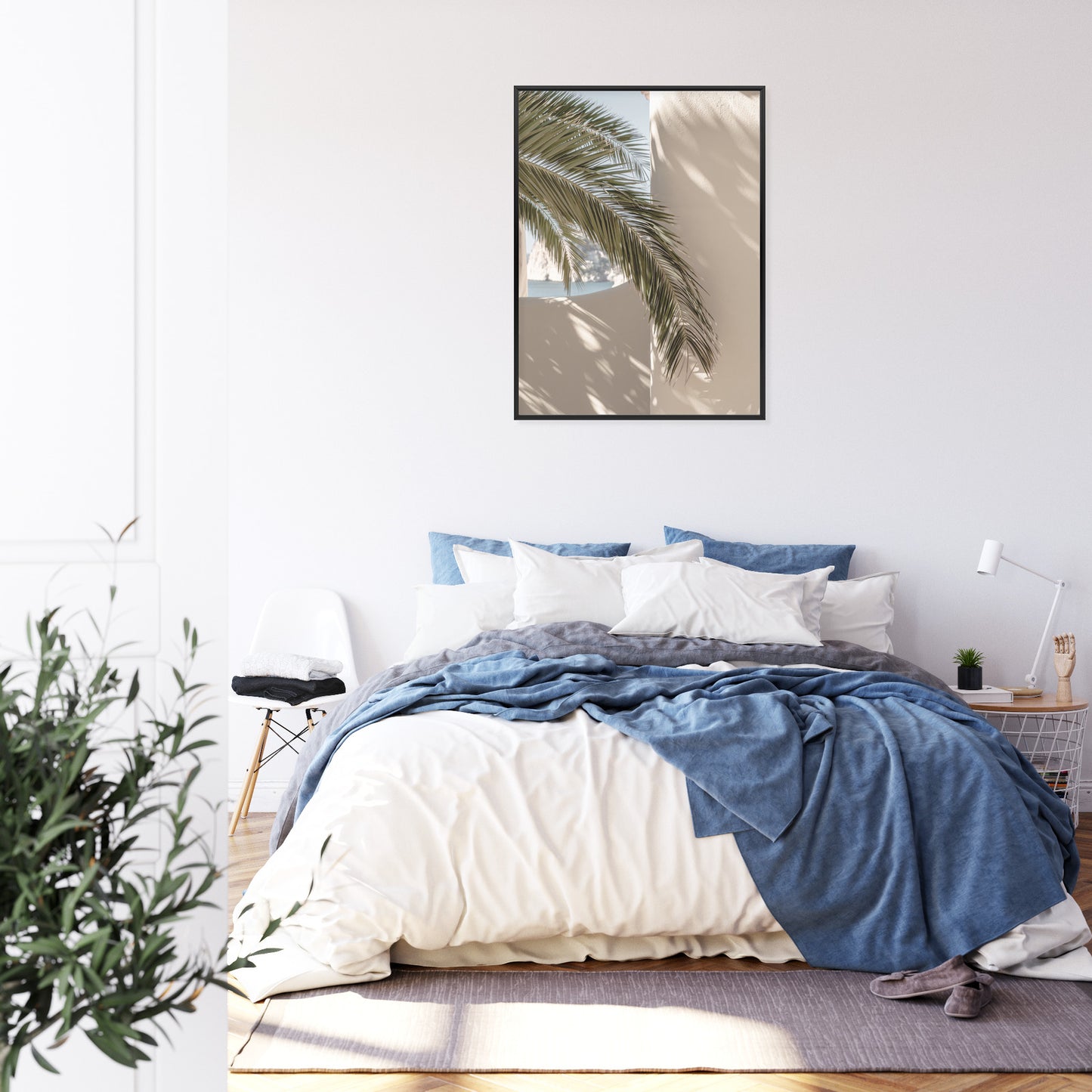 Poster Palmblätter Mit Schatten Auf Einer Beigen Wand Rahmen Holz Mit Passepartout Farbe Natürlich