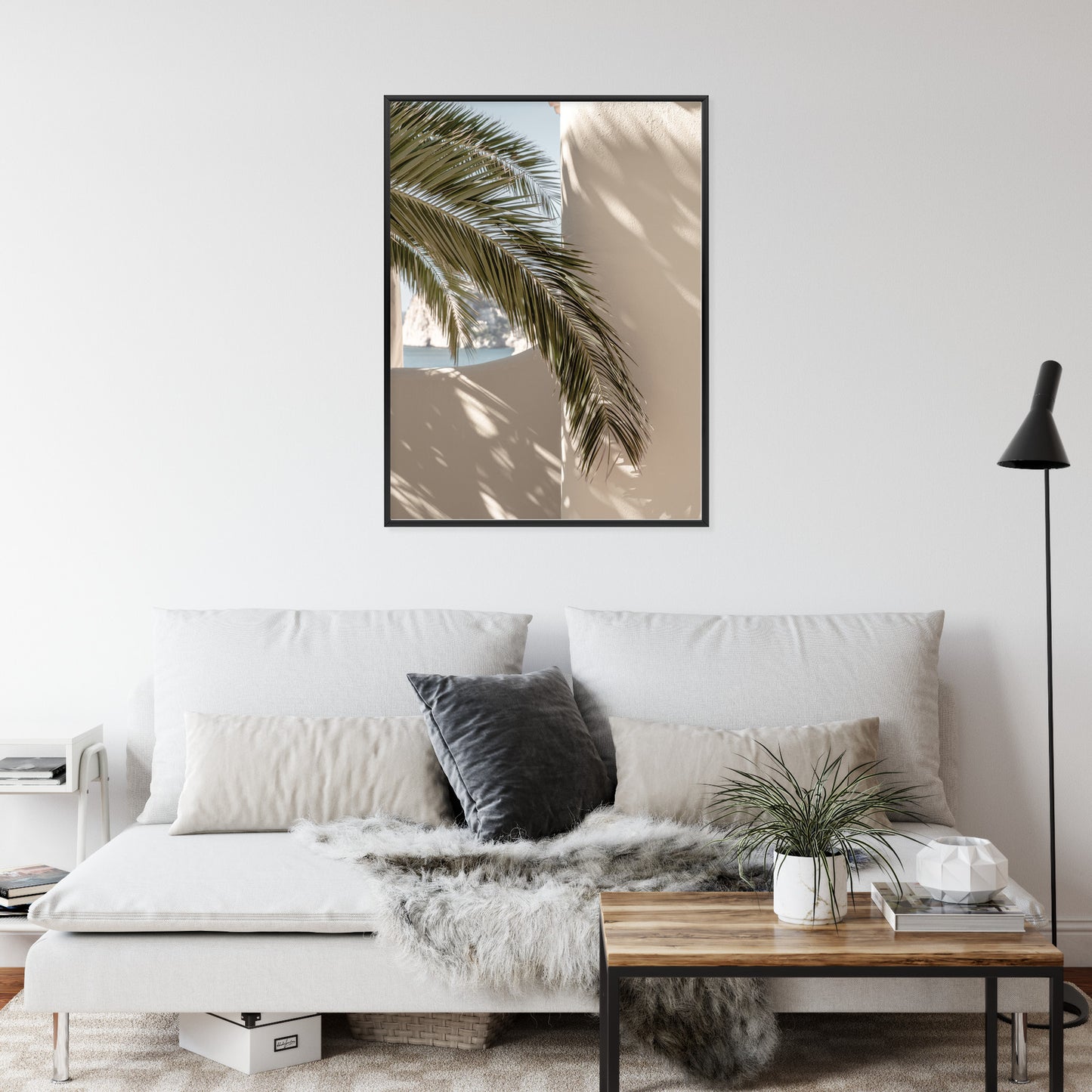 Poster Palmblätter Mit Schatten Auf Einer Beigen Wand Rahmen Holz Mit Passepartout Farbe Natürlich