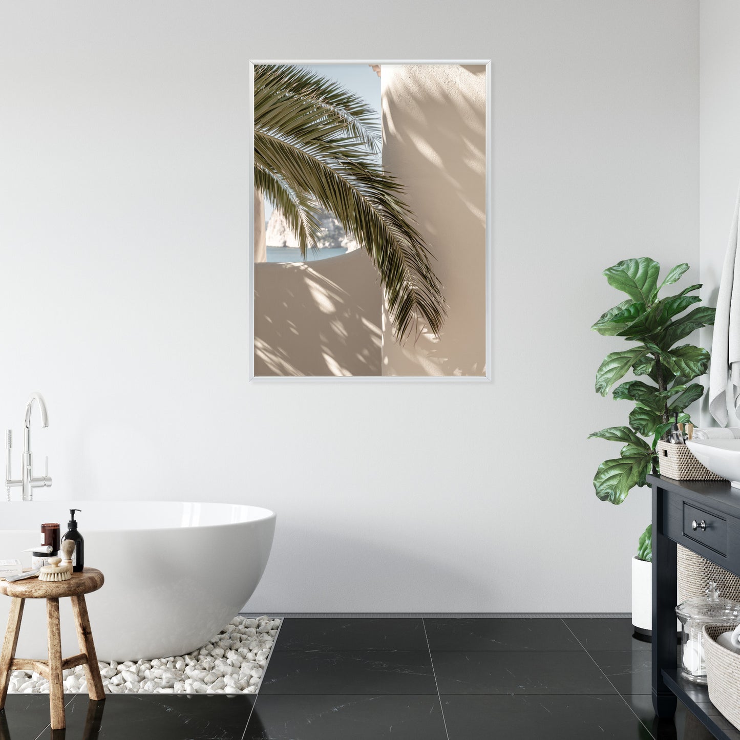 Poster Palmblätter Mit Schatten Auf Einer Beigen Wand Rahmen Holz Mit Passepartout Farbe Natürlich