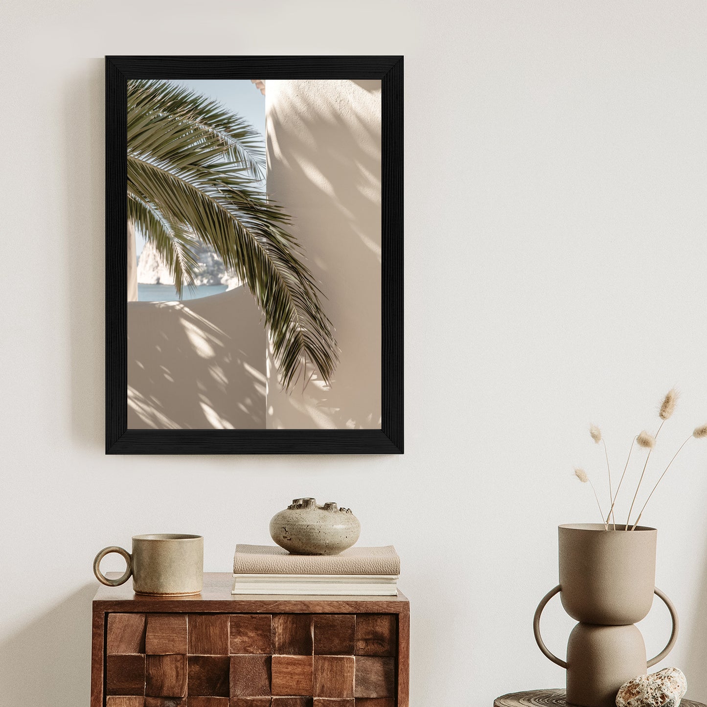 Poster Palmblätter Mit Schatten Auf Einer Beigen Wand Rahmen Holz Mit Passepartout Farbe Natürlich