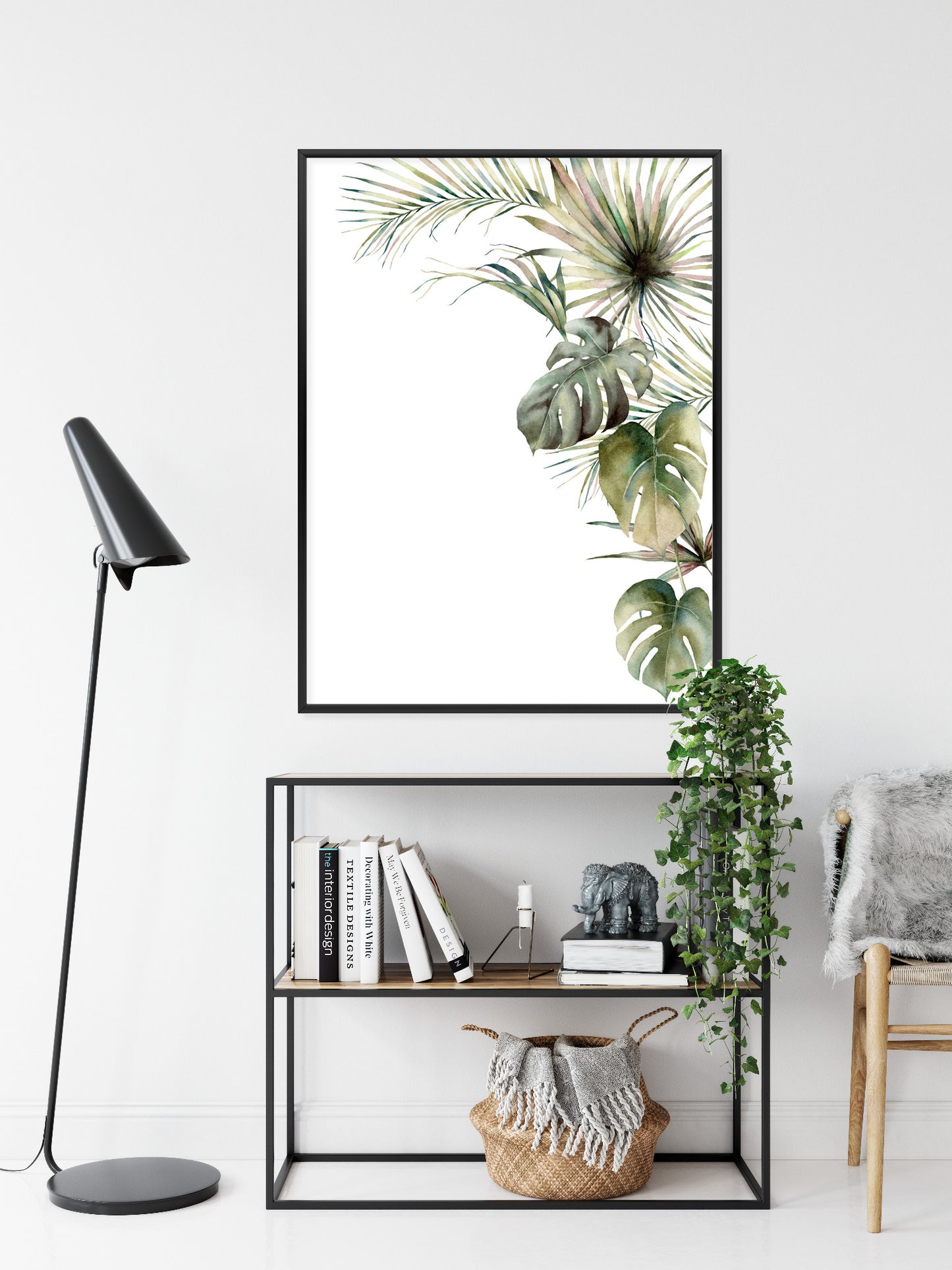 Poster Palmen- Und Monstera-Vegetation Isolierter Aquarellhintergrund Rahmen Holz Mit Passepartout Farbe Natürlich