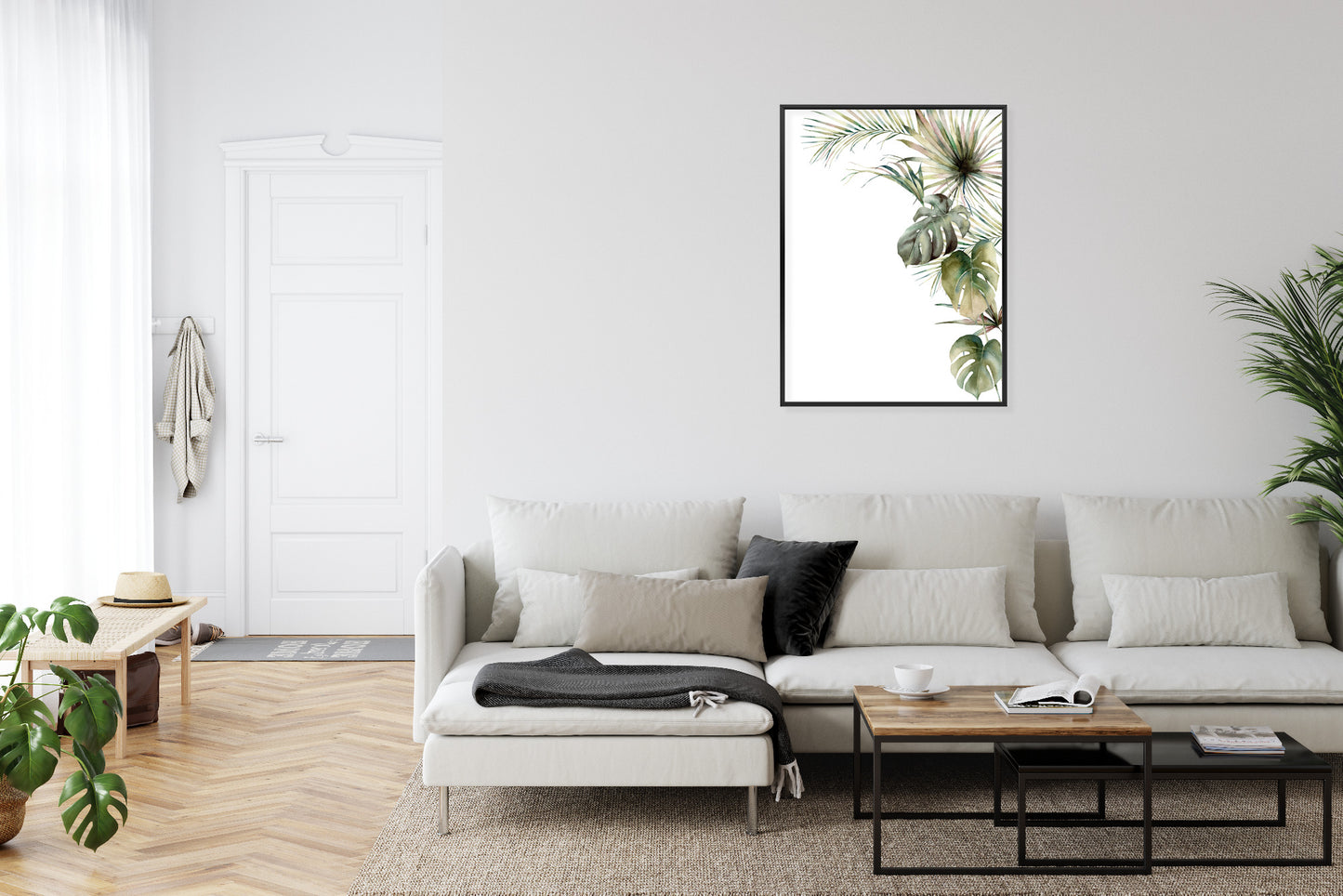 Poster Palmen- Und Monstera-Vegetation Isolierter Aquarellhintergrund Rahmen Holz Mit Passepartout Farbe Natürlich