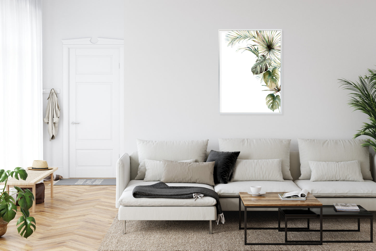 Poster Palmen- Und Monstera-Vegetation Isolierter Aquarellhintergrund Rahmen Holz Mit Passepartout Farbe Natürlich