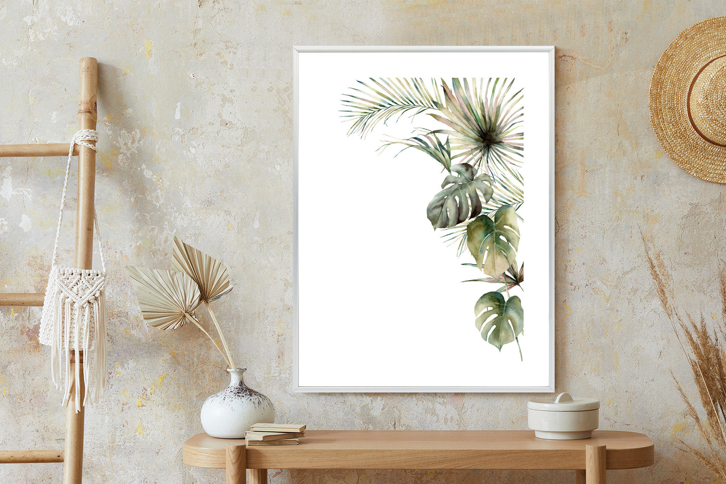 Poster Palmen- Und Monstera-Vegetation Isolierter Aquarellhintergrund Rahmen Holz Mit Passepartout Farbe Natürlich
