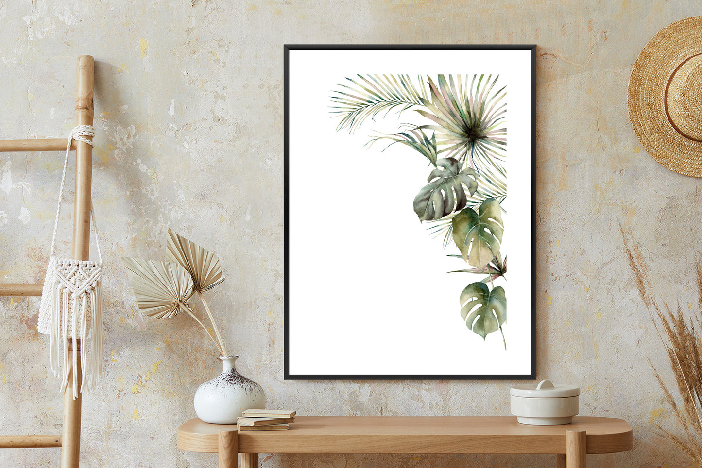 Poster Palmen- Und Monstera-Vegetation Isolierter Aquarellhintergrund Rahmen Holz Mit Passepartout Farbe Natürlich