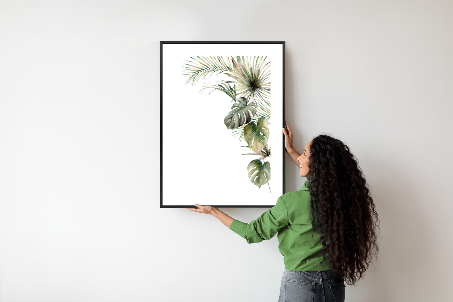 Poster Palmen- Und Monstera-Vegetation Isolierter Aquarellhintergrund Rahmen Holz Mit Passepartout Farbe Natürlich