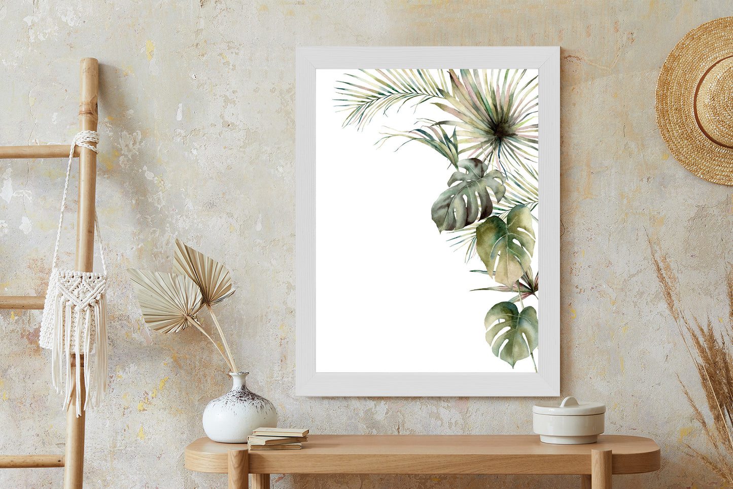 Poster Palmen- Und Monstera-Vegetation Isolierter Aquarellhintergrund Rahmen Holz Mit Passepartout Farbe Natürlich