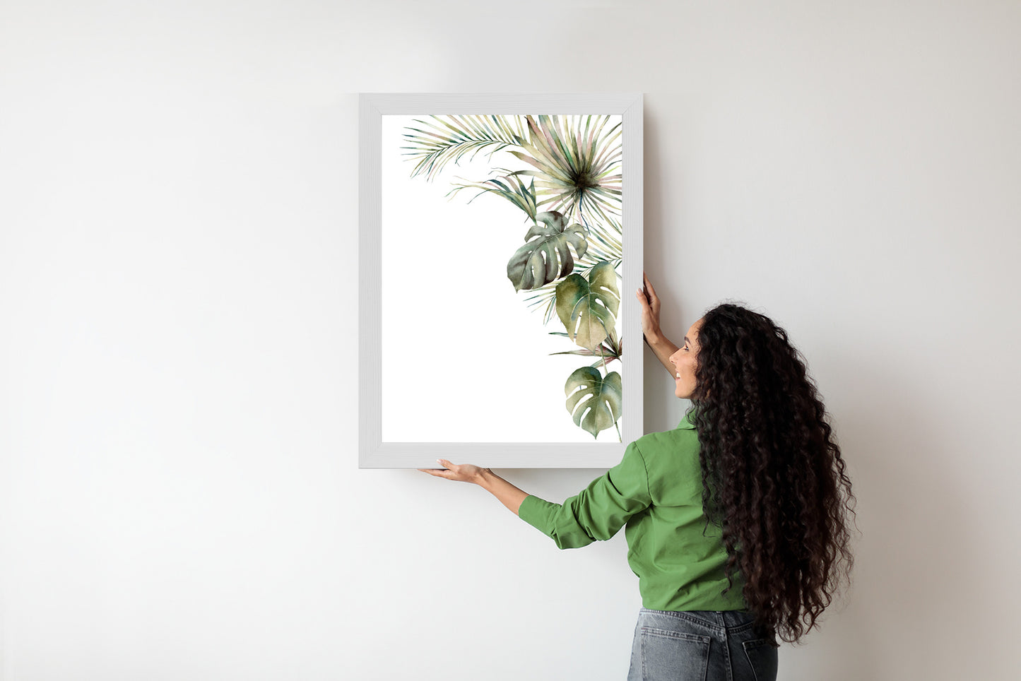 Poster Palmen- Und Monstera-Vegetation Isolierter Aquarellhintergrund Rahmen Holz Mit Passepartout Farbe Natürlich