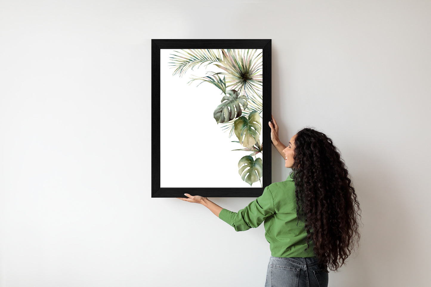 Poster Palmen- Und Monstera-Vegetation Isolierter Aquarellhintergrund Rahmen Holz Mit Passepartout Farbe Natürlich