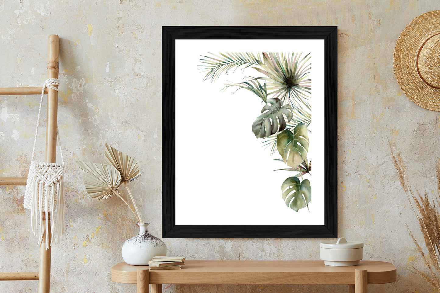 Poster Palmen- Und Monstera-Vegetation Isolierter Aquarellhintergrund Rahmen Holz Mit Passepartout Farbe Natürlich