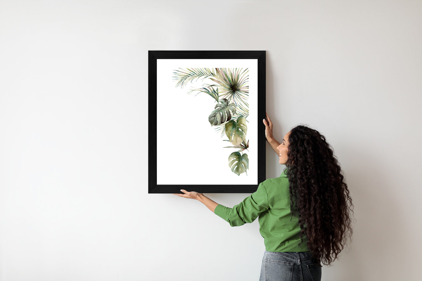 Poster Palmen- Und Monstera-Vegetation Isolierter Aquarellhintergrund Rahmen Holz Mit Passepartout Farbe Natürlich