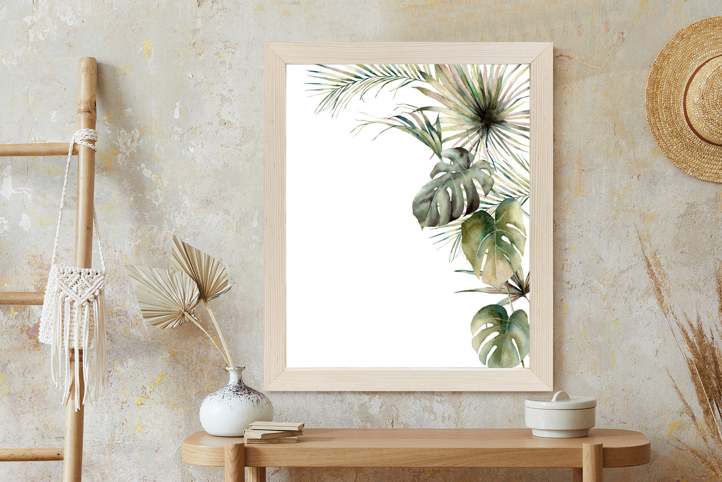 Poster Palmen- Und Monstera-Vegetation Isolierter Aquarellhintergrund Rahmen Holz Mit Passepartout Farbe Natürlich