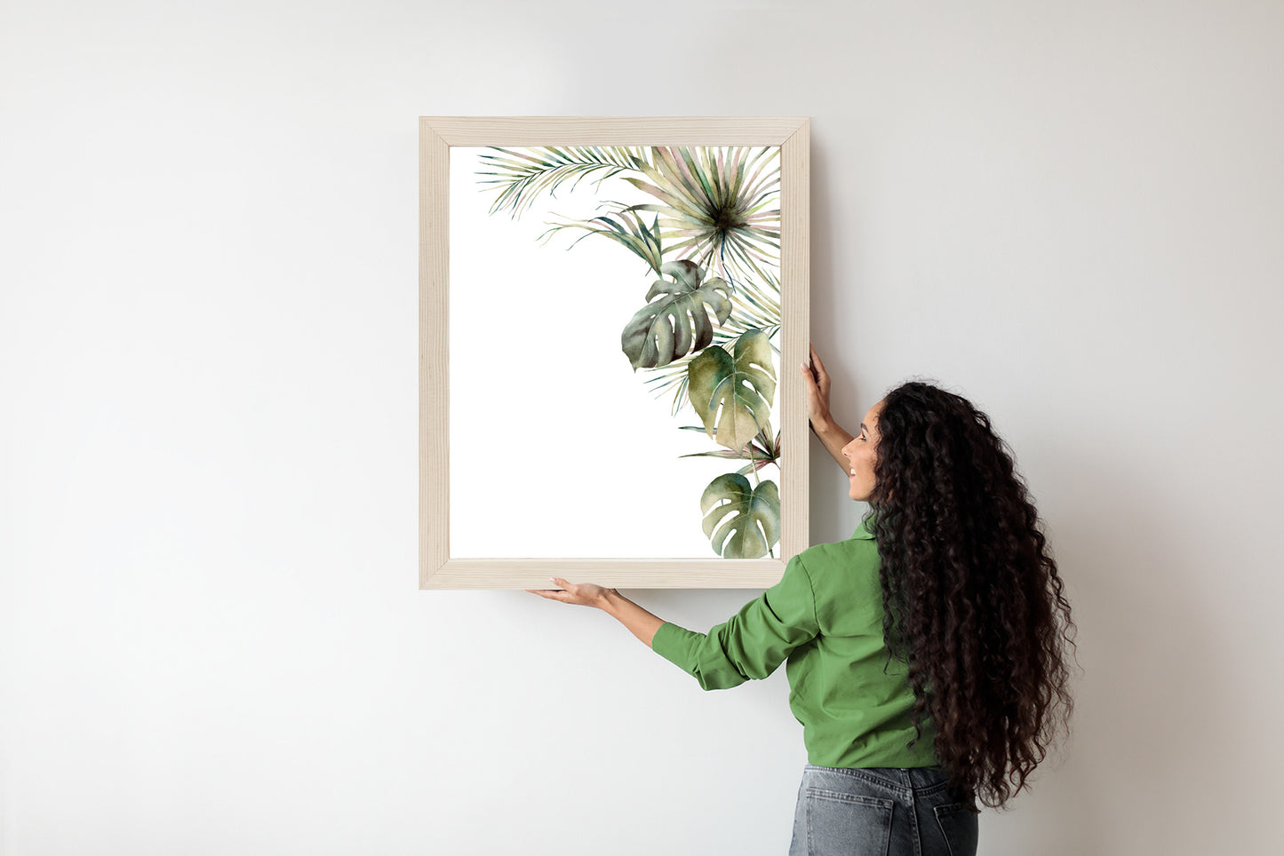 Poster Palmen- Und Monstera-Vegetation Isolierter Aquarellhintergrund Rahmen Holz Mit Passepartout Farbe Natürlich