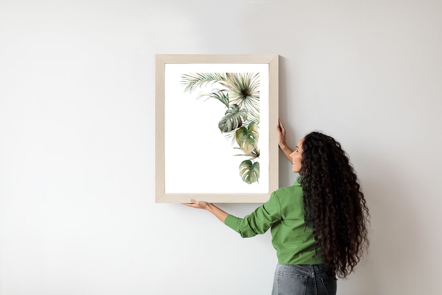 Poster Palmen- Und Monstera-Vegetation Isolierter Aquarellhintergrund Rahmen Holz Mit Passepartout Farbe Natürlich