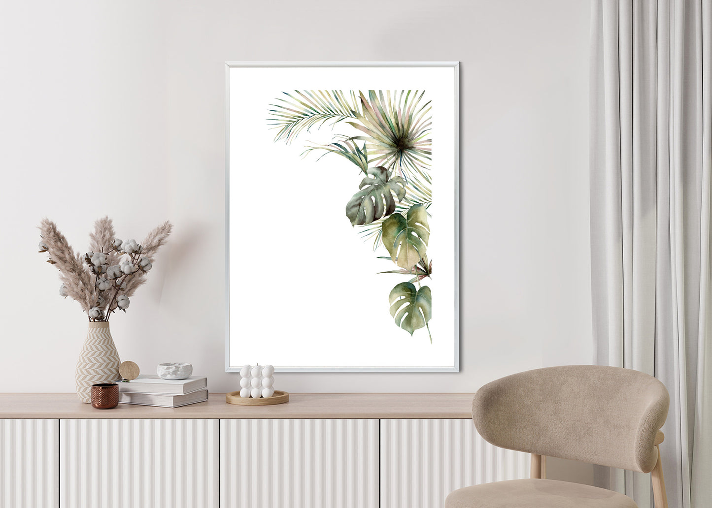 Poster Palmen- Und Monstera-Vegetation Isolierter Aquarellhintergrund Rahmen Holz Mit Passepartout Farbe Natürlich