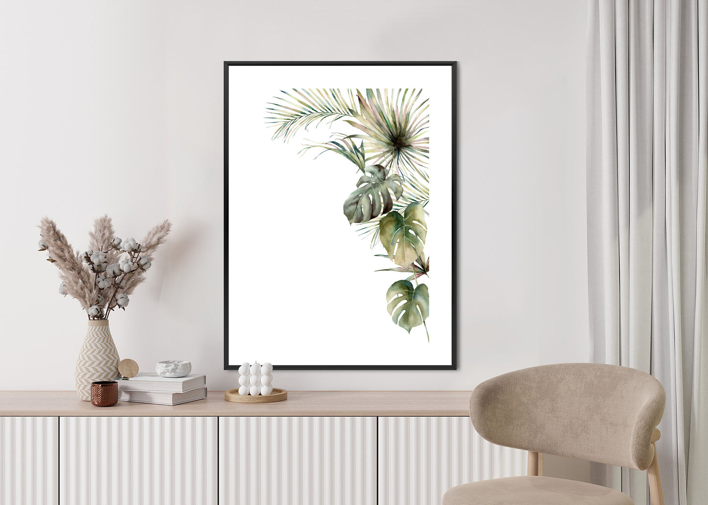 Poster Palmen- Und Monstera-Vegetation Isolierter Aquarellhintergrund Rahmen Holz Mit Passepartout Farbe Natürlich
