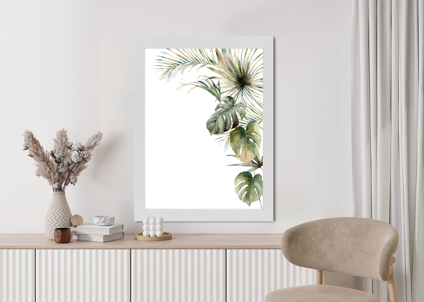 Poster Palmen- Und Monstera-Vegetation Isolierter Aquarellhintergrund Rahmen Holz Mit Passepartout Farbe Natürlich