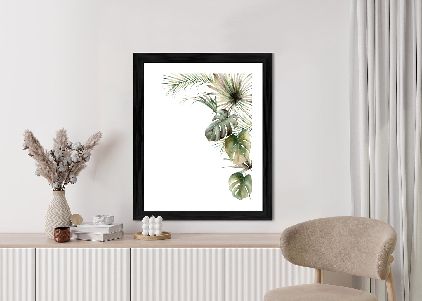 Poster Palmen- Und Monstera-Vegetation Isolierter Aquarellhintergrund Rahmen Holz Mit Passepartout Farbe Natürlich