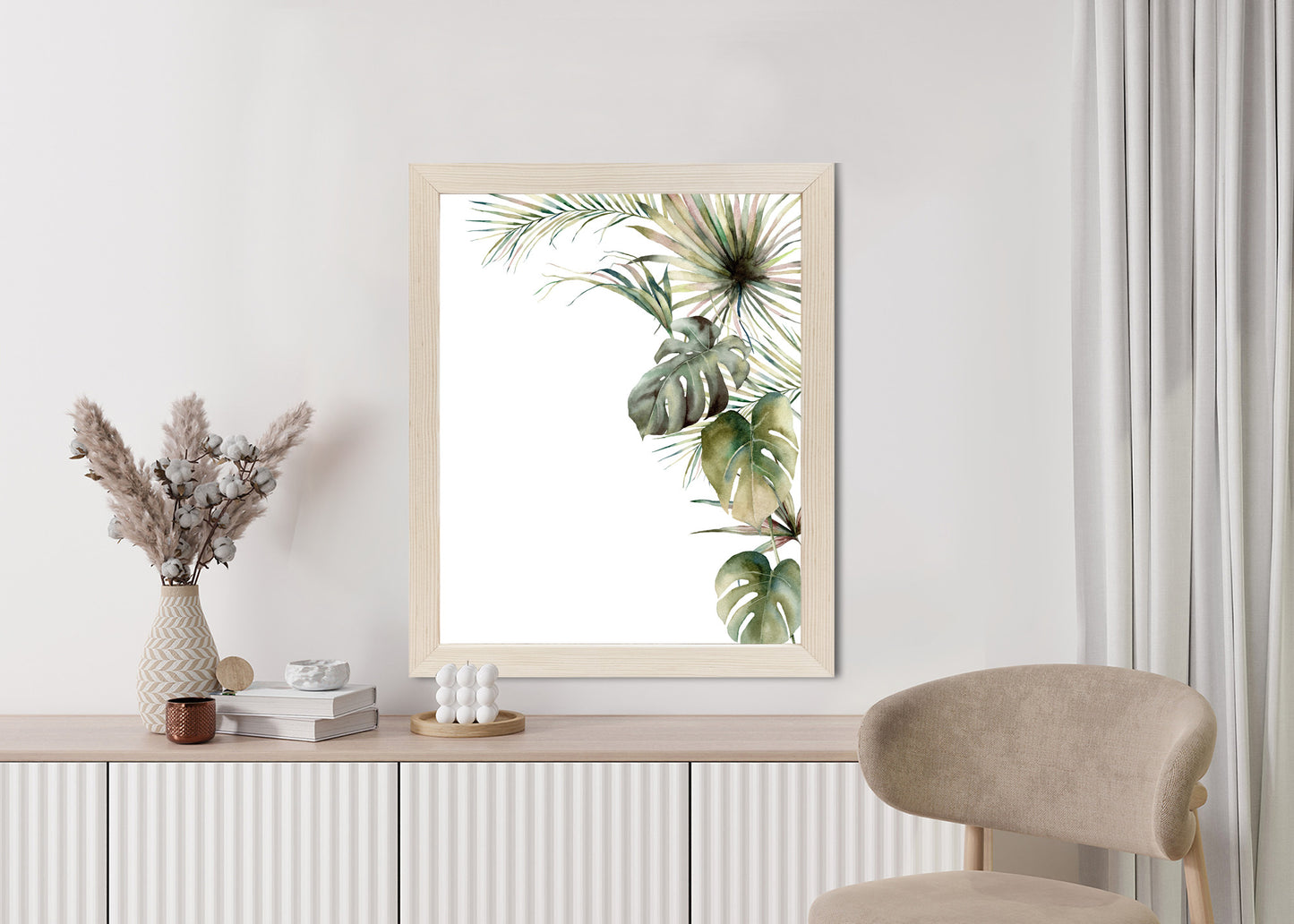 Poster Palmen- Und Monstera-Vegetation Isolierter Aquarellhintergrund Rahmen Holz Mit Passepartout Farbe Natürlich