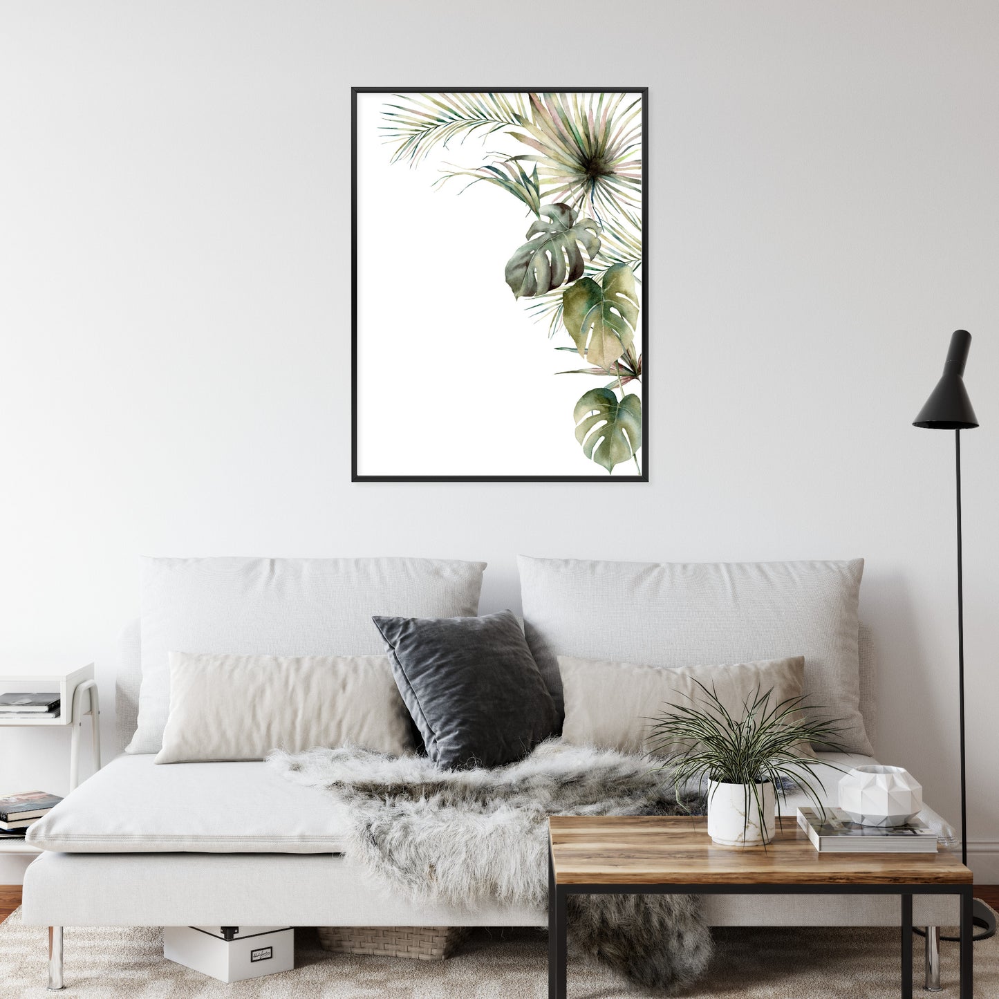 Poster Palmen- Und Monstera-Vegetation Isolierter Aquarellhintergrund Rahmen Holz Mit Passepartout Farbe Natürlich
