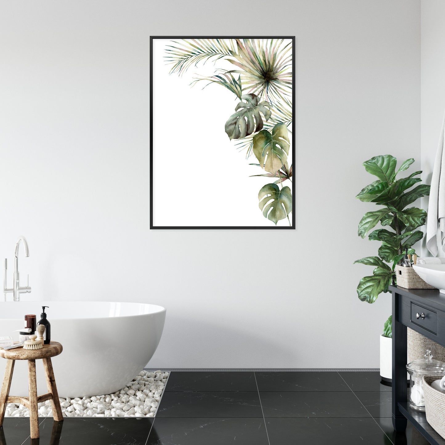 Poster Palmen- Und Monstera-Vegetation Isolierter Aquarellhintergrund Rahmen Holz Mit Passepartout Farbe Natürlich