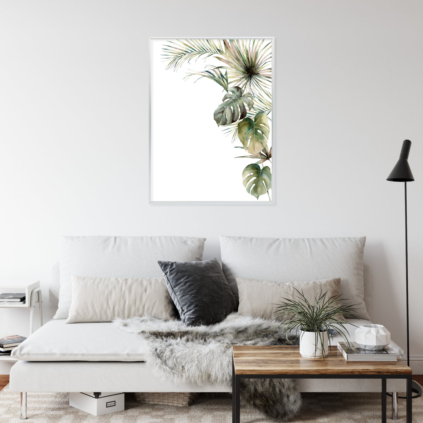 Poster Palmen- Und Monstera-Vegetation Isolierter Aquarellhintergrund Rahmen Holz Mit Passepartout Farbe Natürlich