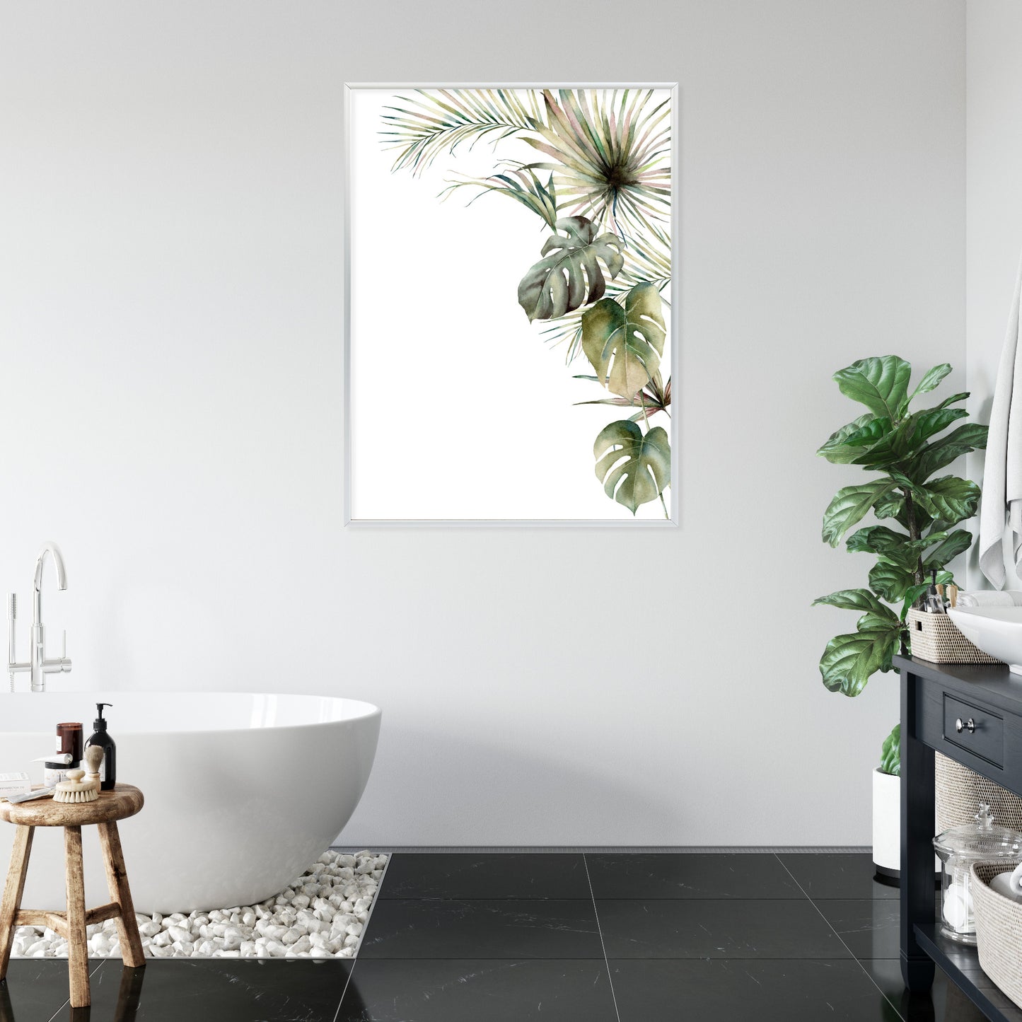 Poster Palmen- Und Monstera-Vegetation Isolierter Aquarellhintergrund Rahmen Holz Mit Passepartout Farbe Natürlich